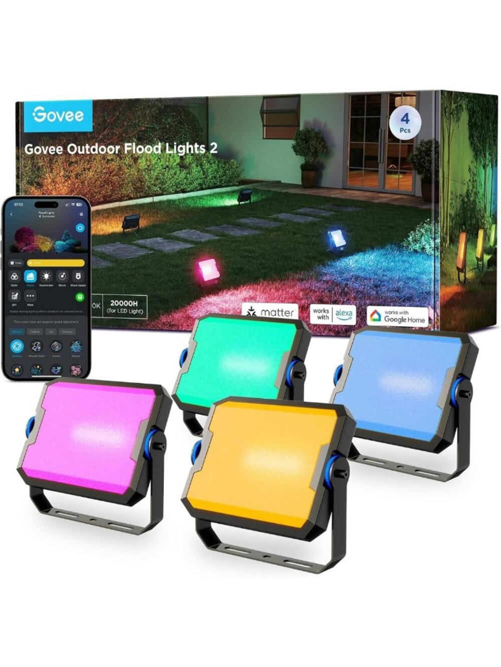 RGBIC Outdoor Flood Lights 4-Pack, IP66 Waterproof, Color Changing LED Lighting